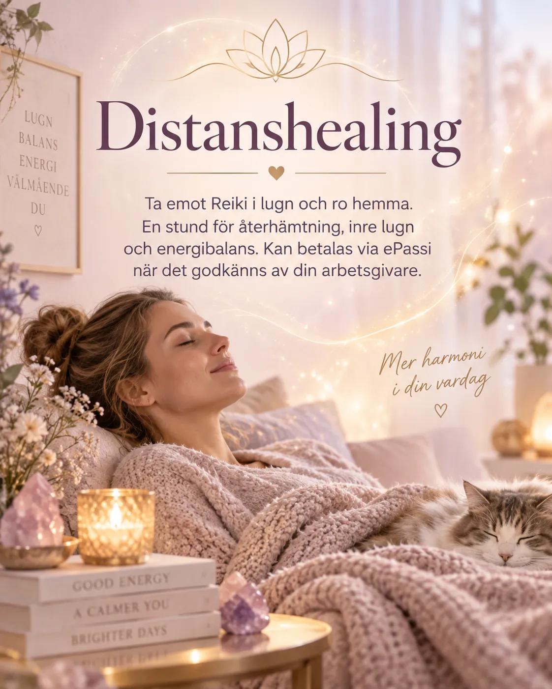Distanshealing — kvinna vilar hemma i lugn miljö